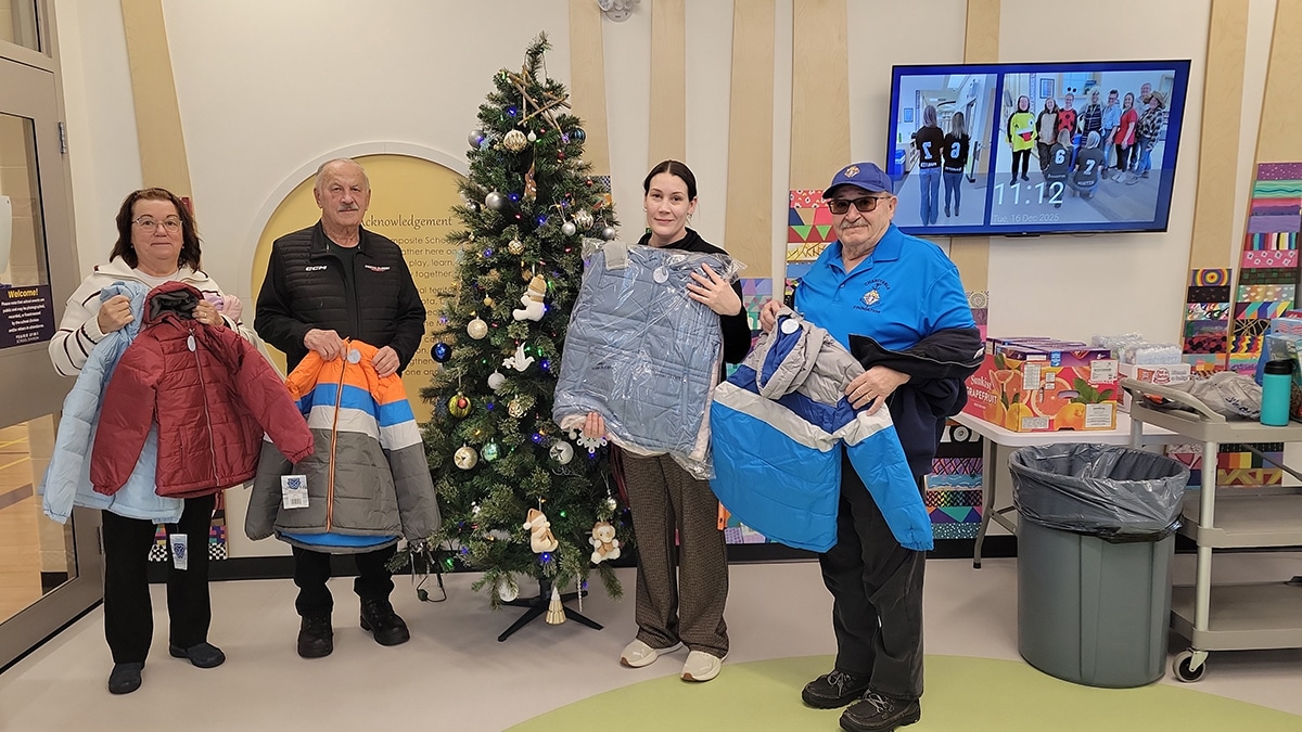 St. Agatha Council 9761 Donated Coats for Kids at Blaine Lake 4 Blaine Lake, Bev Breland (Administration), Maurice Tanchuk, Amanda Nelson (Vice-Principal), Al Dion