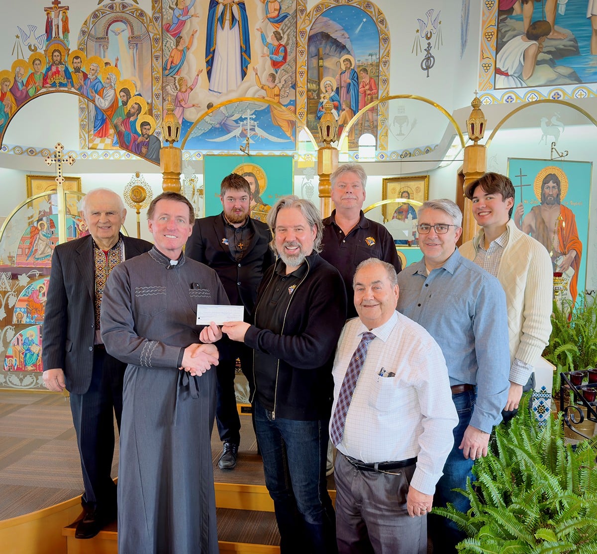 St. Josaphat Kunsevich Council 13129 in Saskatoon Presents Their Incentive Cheque to Dormition Parish 5 Photo left to right; Norbert Wasylenko, Fr. André Lalach, Jonathon Malowany, GK Myron Glova, Andy Praksas, Lawrence Popovitch, Jean Alonso, and Roman Lalach.
