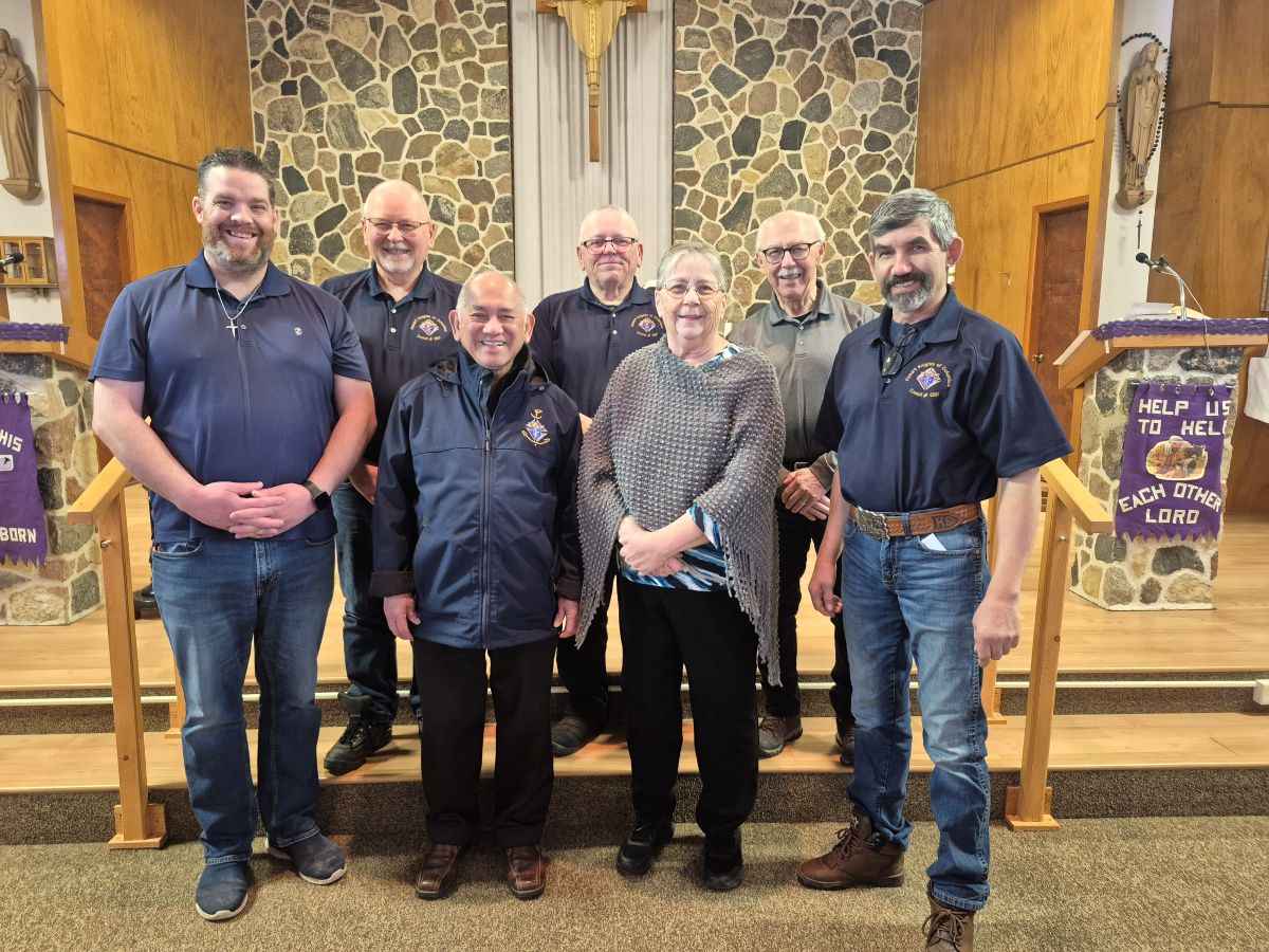 Council 5557 Dysart Presents Their Incentive Cheques 12 Pictured L-R Dan Laberge, Bill Brodner, Father Gerard Joy, Joe Brodner, Monica Wilson,Gary Kayter & GK Kurtis Sehn. $875 cheque donated to John the Baptist church.