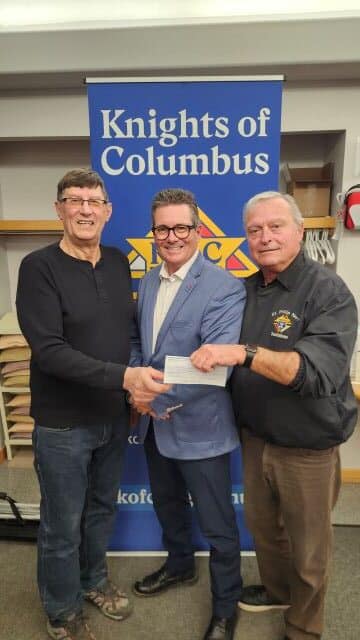 St. Philip Neri Council #9539 in Saskatoon Presents Their Incentive Cheques 2 St. Philip Neri K of C presenting a cheque to Blackstrap Youth Camp. Merv Wiesner GK (left) presenting to board members Blair Carruthers and Ron Dennis.