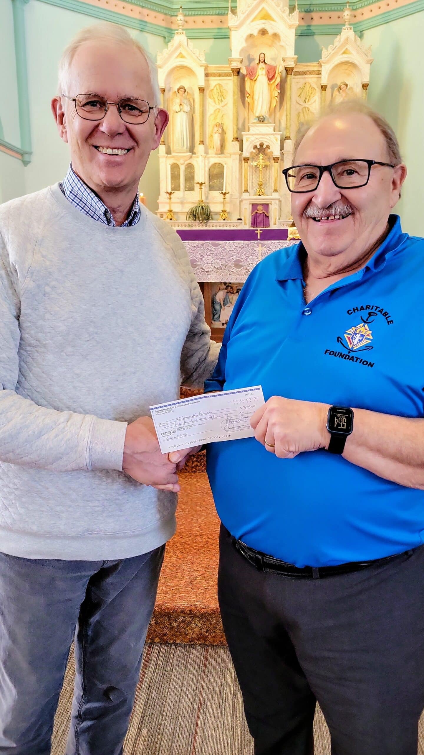 Council 9761 Shellbrook Presents Their Incentive Cheque to St. Joseph’s Parish in Marcelin 8 Finance Chair Denis Bonin and Grand Knight Al Dion
