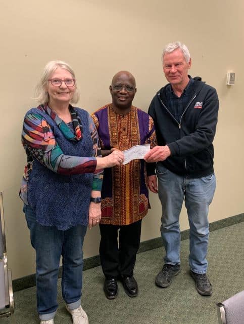Father Provost Council #5238 in Rosetown Presents Their Incentive Cheque 1 Wendy Clayton, Chair of the Rosetown Parish Council,Fr Habila Musa, and Gerry Rogal, Treasurer of Father Provost Council 5238 in Rosetown