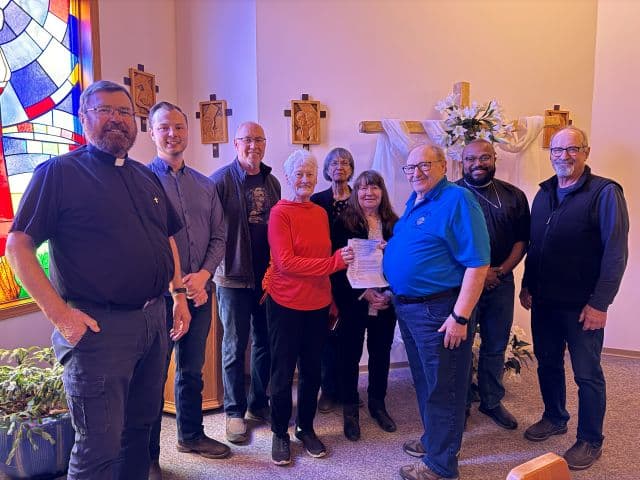 Sask K of C Charitable Foundation donates to Shellbrook and District Ministerial Food Bank 1 Deacon Ron Johnson - St. Agathas, Pastor Joshua VanZandbeek, Pastor Lorne Valuck, Linda Lundy - Coordinator, Lorette Palm, Meryl Peake, AL Dion - Grand Knight 9761, Pastor E Emmanuel Aristide, Mitch Beaulac - District Deputy