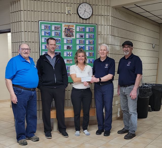 Sask K of C Charitable Foundation donates to Shellbrook Elementary School 1 Al Dion, Grand Knight 9761. Ryan Gareau, Principal, Deanna Ledding, Vice Principal, Bruce Clements, Community Director 9761, Mitch Beaulac, District Deputy 16