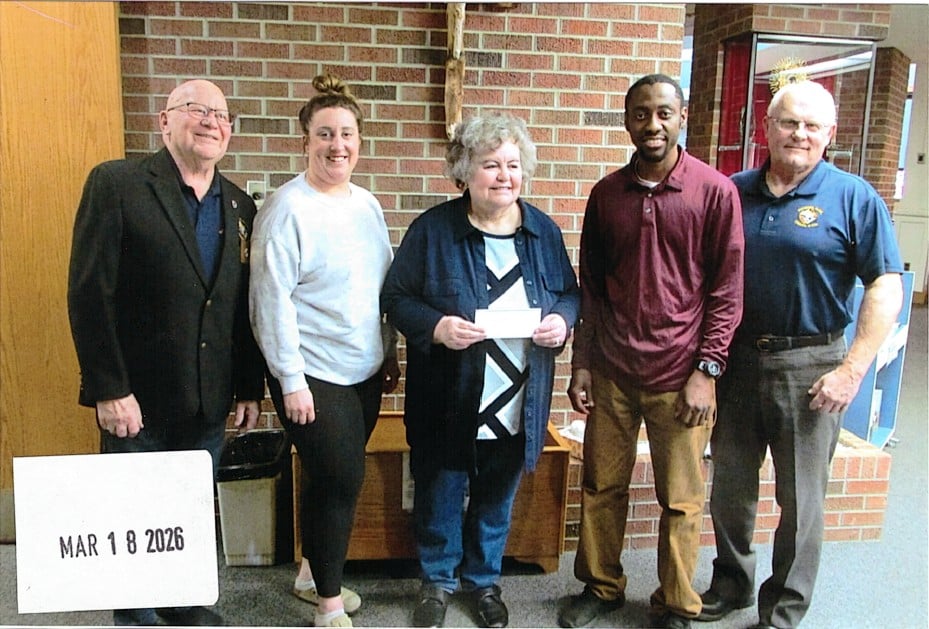 Weyburn Council #1731 Presents Their Incentive Cheques 2 Trustee PGK Brother Ron Klein, Parish Bookkeeper Taylor Hoffman, Parish Council Chairperson Marga Cugnet, Parish Administration Assistant Bernard Omen, and GK, Brother Richard Wick