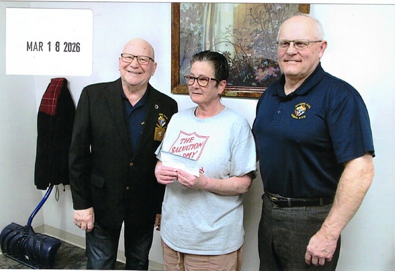 Weyburn Council #1731 Presents Their Incentive Cheques 1 Trustee PGK Brother Ron Klein, Weyburn Salvation Army Manager, Joanne Winters, and GK, Brother Richard Wick.